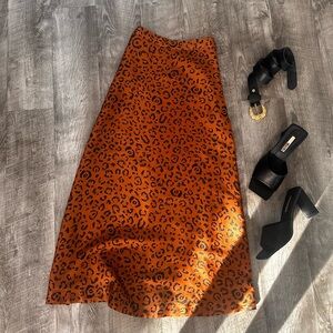 Farm Rio Anthropologie A-Line Satin Midi Skirt Leopard Print Size XS